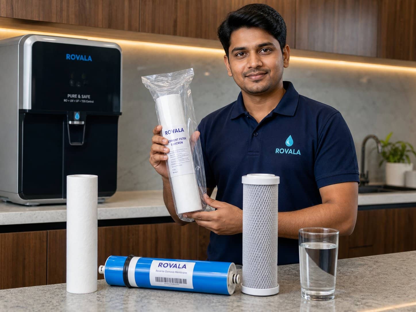 Rovala technician fitting a new sediment and carbon filter set